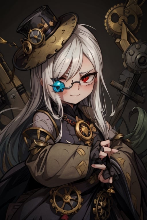 8k resolution, high resolution, masterpiece, intricate details, highly detailed, HD quality, solo, 1girl, loli, Steampunk dress, steampunk hat, top hat, black and gold clothing colors, gears in the background, dark background, white hair, long smooth hair, red eyes, pale skin, thin smile, thoughtful expression, thoughtful look, monocle on the right eye, looking at viewer, rich colors, vibrant colors, detailed eyes, super detailed, extremely beautiful graphics, super detailed skin, best quality, highest quality, high detail, masterpiece, detailed skin, perfect anatomy, perfect body, perfect hands, perfect fingers, complex details, reflective hair, textured hair, best quality, super detailed, complex details, high resolution,  

,A Traditional Japanese Art,Kakure Eria,ARTby Noise,Landidzu,HarryDraws,Shadbase ,Shadman,Glitching,Star vs. the Forces of Evil ,In the style of gravityfalls,Solo Levelling,I’ve Been Killing Slimes for 300 Years,kobayashi-san chi no maid dragon ,Oerlord,illya,tensura,the legend of korra,arcane style