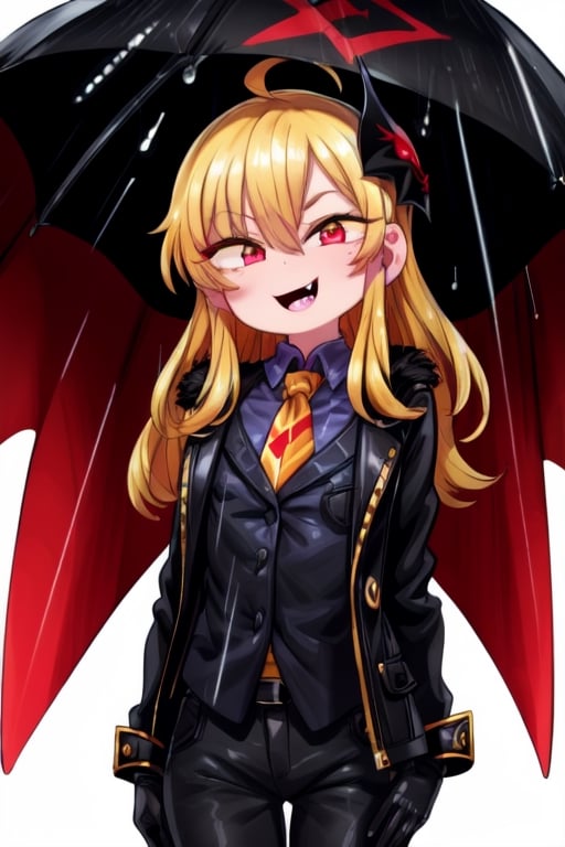 8k resolution, high resolution, masterpiece, long black scaly coat, open coat, yellow hair, white trickster mask,mocking smile painted on the mask,red smile, fanged smile,red eyes painted on the mask,squinted eyes, black gloves, black pants, arms thrown to the side, looking at the viewer, scarlet lightning in the background, rain, thunderstorm, the whole body in the frame, solo, detailed eyes, super detailed, extremely beautiful graphics, super detailed skin, best quality, highest quality, high detail, masterpiece, detailed skin, perfect anatomy, perfect hands, perfect fingers, complex details, reflective hair, textured hair, best quality, super detailed, complex details, high resolution, looking at the viewer, rich colors,Mrploxykun,JCM2,Artist,Captain kirb