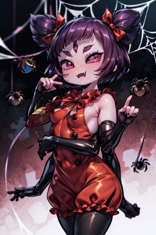 8k resolution, high resolution, masterpiece,  intricate details, highly detailed, HD quality, best quality, vibrant colors, 1girl,muffet,(muffetwear), monster girl,((purple body:1.3)),humanoid, arachnid, anthro,((fangs)),pigtails,hair bows,5 eyes,spider girl,6 arms,solo,clothed,6 hands,detailed hands,((spider webs:1.4)),bloomers,red and black clothing, armwear,  detailed eyes, super detailed, extremely beautiful graphics, super detailed skin, best quality, highest quality, high detail, masterpiece, detailed skin, perfect anatomy, perfect hands, perfect fingers, complex details, reflective hair, textured hair, best quality, super detailed, complex details, high resolution, looking at the viewer, rich colors, ,muffetwear,Shadbase ,JCM2,DAGASI,Oerlord,illya,In the style of gravityfalls,tensura,Mrploxykun,BORN-TO-DIE,Captain kirb