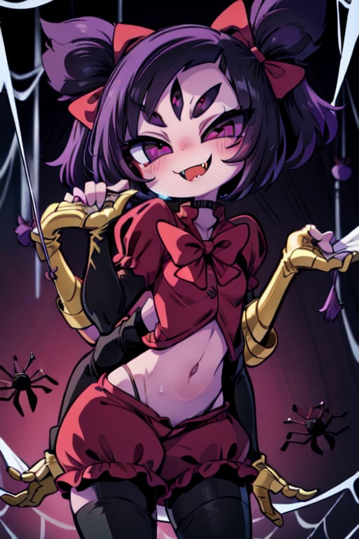 8k resolution, high resolution, masterpiece,  intricate details, highly detailed, HD quality, best quality, vibrant colors, 1girl,muffet,(muffetwear), monster girl,((purple body:1.3)),humanoid, arachnid, anthro,((fangs)),pigtails,hair bows,5 eyes,spider girl,6 arms,solo,clothed,6 hands,detailed hands,((spider webs:1.4)),bloomers,red and black clothing, armwear,  detailed eyes, super detailed, extremely beautiful graphics, super detailed skin, best quality, highest quality, high detail, masterpiece, detailed skin, perfect anatomy, perfect hands, perfect fingers, complex details, reflective hair, textured hair, best quality, super detailed, complex details, high resolution, looking at the viewer, rich colors, ,muffetwear,Shadbase ,JCM2,DAGASI