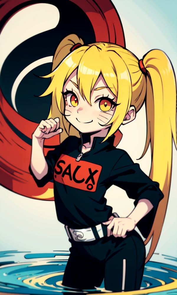 masterpiece, best quality, spectacular, solo, Naruko_Uzumaki, yellow hair, two pigtails, red eyes, animal vertical pupils, small breasts, loli, cheeky smile, straight pose, looks at the viewer, scarlet cloak, hands tied with black bandages, forearms tied with black bandages, black belt, black pants, black t-shirt with the red sign of the whirlpool, perfect eyes, perfect body, perfect anatomy , cartoon, Naruto, ,chibi