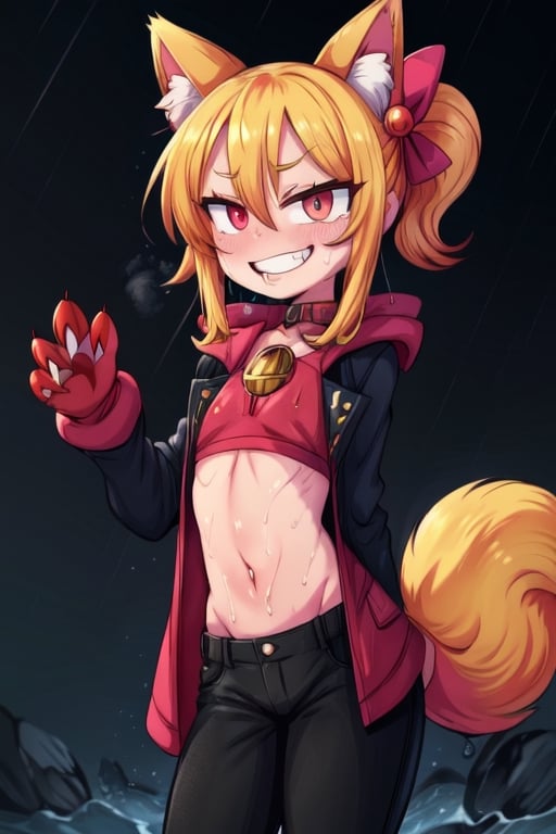 8k resolution, high resolution, masterpiece, intricate details, highly detailed, HD quality, solo, loli, short stature, little girls, only girls, dark background, rain, scarlet moon, crimson moon, moon, moon on the background, 

Red eyes.black sclera.vertical pupil.cat's pupil.glowing eyes.fangs.fox ears.a fox's tail behind his back.claws on the fingers.claw.black claws.small claws.blonde.yellow hair.long hair.straight hair.two ponytails.black scaly coat.black pants.an evil expression.grin.a joyful expression.fighting pose, 

focus on the whole body, the whole body in the frame, the body is completely in the frame, the body does not leave the frame, detailed hands, detailed fingers, perfect body, perfect anatomy, wet bodies, rich colors, vibrant colors, detailed eyes, super detailed, extremely beautiful graphics, super detailed skin, best quality, highest quality, high detail, masterpiece, detailed skin, perfect anatomy, perfect body, perfect hands, perfect fingers, complex details, reflective hair, textured hair, best quality,super detailed,complex details, high resolution,

,jcdDX_soul3142,JCM2,High detailed ,USA,Color magic,AmyRose,Mrploxykun,Sonic,perfecteyes,Artist,AGGA_ST011,AGGA_ST005,rizdraws,fairy_tail_style,Oerlord,illya,hornet,HarryDraws,jtveemo,ChronoTemp ,Star vs. the Forces of Evil ,arcane style,Landidzu,Captain kirb,Saturated colors,Color saturation 