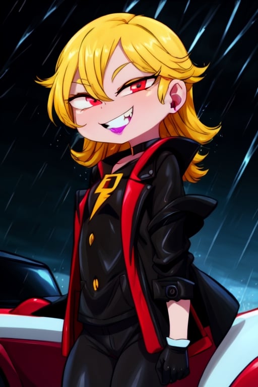 8k resolution, high resolution, masterpiece, long black scaly coat, open coat, yellow hair, white trickster mask,mocking smile painted on the mask,red smile, fanged smile,red eyes painted on the mask,squinted eyes, black gloves, black pants, arms thrown to the side, looking at the viewer, scarlet lightning in the background, rain, thunderstorm, the whole body in the frame, solo, detailed eyes, super detailed, extremely beautiful graphics, super detailed skin, best quality, highest quality, high detail, masterpiece, detailed skin, perfect anatomy, perfect hands, perfect fingers, complex details, reflective hair, textured hair, best quality, super detailed, complex details, high resolution, looking at the viewer, rich colors,Mrploxykun,JCM2,Artist,Captain kirb