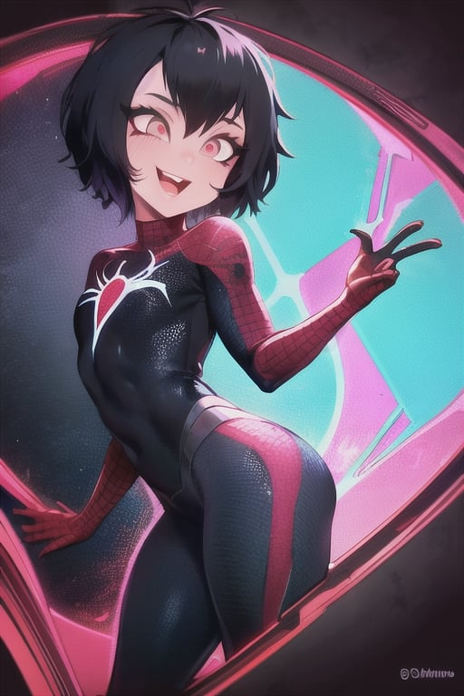 8k resolution, high resolution, masterpiece, intricate details, highly detailed, HD quality, solo, loli, short stature, little girls, only girls, dark background, rain, scarlet moon, crimson moon, moon, moon on the background, science fiction, science fiction city, red neon, blood red neon, burgundy red neon,

Peni Parker.red eyes.shining scarlet eyes.shining eyes.black hair.short haircut.slim build.teenage girl.Spiderman.Marvel.superhero.young woman.slim build.the red web.tight-fitting suit.black and red clothes.black spider print on the chest.black spider emblem.spider print.black print.hood.stretched hood.cheked smile.funny expression.fighting pose,

focus on the whole body, the whole body in the frame, the body is completely in the frame, the body does not leave the frame, detailed hands, detailed fingers, perfect body, perfect anatomy, wet bodies, rich colors, vibrant colors, detailed eyes, super detailed, extremely beautiful graphics, super detailed skin, best quality, highest quality, high detail, masterpiece, detailed skin, perfect anatomy, perfect body, perfect hands, perfect fingers, complex details, reflective hair, textured hair, best quality,super detailed,complex details, high resolution,

,AGGA_ST011,ChronoTemp ,illya,Star vs. the Forces of Evil ,Captain kirb,jtveemo,JCM2,Mrploxykun,Gerph ,Jago,Overlord,Artist,penini,C7b3rp0nkStyle,High detailed ,neon palette,perfecteyes,horror