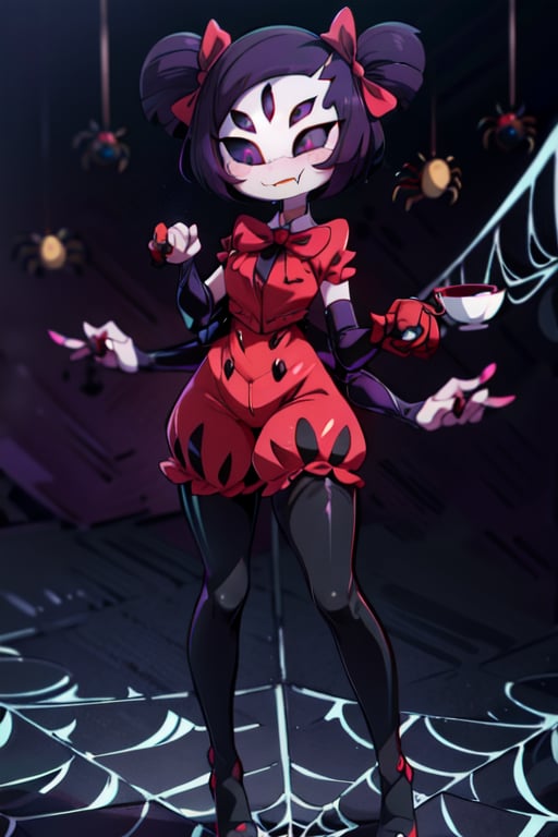 8k resolution, high resolution, masterpiece,  intricate details, highly detailed, HD quality, best quality, vibrant colors, 1girl,muffet,(muffetwear), monster girl,((purple body:1.3)),humanoid, arachnid, anthro,((fangs)),pigtails,hair bows,5 eyes,spider girl,6 arms,solo,clothed,6 hands,detailed hands,((spider webs:1.4)),bloomers,red and black clothing, armwear,  detailed eyes, super detailed, extremely beautiful graphics, super detailed skin, best quality, highest quality, high detail, masterpiece, detailed skin, perfect anatomy, perfect hands, perfect fingers, complex details, reflective hair, textured hair, best quality, super detailed, complex details, high resolution, looking at the viewer, rich colors, ,muffetwear,Shadbase ,JCM2