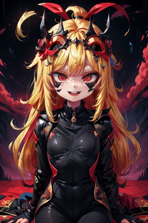 8k resolution, high resolution, masterpiece, long black scaly coat, open coat, yellow hair, white trickster mask,mocking smile painted on the mask,red smile, fanged smile,red eyes painted on the mask,squinted eyes, black gloves, black pants, arms thrown to the side, looking at the viewer, scarlet lightning in the background, rain, thunderstorm, the whole body in the frame, solo, detailed eyes, super detailed, extremely beautiful graphics, super detailed skin, best quality, highest quality, high detail, masterpiece, detailed skin, perfect anatomy, perfect hands, perfect fingers, complex details, reflective hair, textured hair, best quality, super detailed, complex details, high resolution, looking at the viewer, rich colors,Mrploxykun,JCM2,High detailed ,perfecteyes,Color magic,War of the Visions  ,Saturated colors