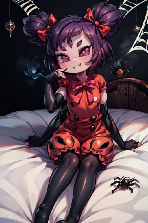 8k resolution, high resolution, masterpiece,  intricate details, highly detailed, HD quality, best quality, vibrant colors, 1girl,muffet,(muffetwear), monster girl,((purple body:1.3)),humanoid, arachnid, anthro,((fangs)),pigtails,hair bows,5 eyes,spider girl,6 arms,solo,clothed,6 hands,detailed hands,((spider webs:1.4)),bloomers,red and black clothing, armwear,  detailed eyes, super detailed, extremely beautiful graphics, super detailed skin, best quality, highest quality, high detail, masterpiece, detailed skin, perfect anatomy, perfect hands, perfect fingers, complex details, reflective hair, textured hair, best quality, super detailed, complex details, high resolution, looking at the viewer, rich colors, ,muffetwear,Shadbase ,JCM2,DAGASI,Oerlord,illya,In the style of gravityfalls,tensura,Mrploxykun,BORN-TO-DIE,Captain kirb