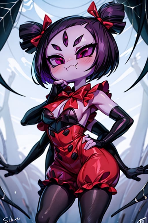 8k resolution, high resolution, masterpiece,  intricate details, highly detailed, HD quality, best quality, vibrant colors, 1girl,muffet,(muffetwear), monster girl,((purple body:1.3)),humanoid, arachnid, anthro,((fangs)),pigtails,hair bows,5 eyes,spider girl,6 arms,solo,clothed,6 hands,detailed hands,((spider webs:1.4)),bloomers,red and black clothing, armwear,  detailed eyes, super detailed, extremely beautiful graphics, super detailed skin, best quality, highest quality, high detail, masterpiece, detailed skin, perfect anatomy, perfect hands, perfect fingers, complex details, reflective hair, textured hair, best quality, super detailed, complex details, high resolution, looking at the viewer, rich colors, ,muffetwear,Shadbase ,JCM2,DAGASI,Oerlord,illya,In the style of gravityfalls,tensura,Mrploxykun,BORN-TO-DIE,Captain kirb,ChronoTemp ,spy x family style