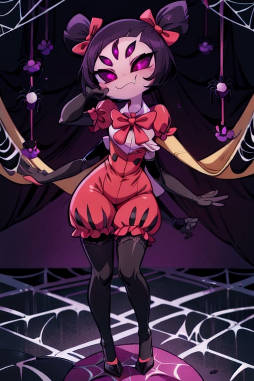 8k resolution, high resolution, masterpiece,  intricate details, highly detailed, HD quality, best quality, vibrant colors, 1girl,muffet,(muffetwear), monster girl,((purple body:1.3)),humanoid, arachnid, anthro,((fangs)),pigtails,hair bows,5 eyes,spider girl,6 arms,solo,clothed,6 hands,detailed hands,((spider webs:1.4)),bloomers,red and black clothing, armwear,  detailed eyes, super detailed, extremely beautiful graphics, super detailed skin, best quality, highest quality, high detail, masterpiece, detailed skin, perfect anatomy, perfect hands, perfect fingers, complex details, reflective hair, textured hair, best quality, super detailed, complex details, high resolution, looking at the viewer, rich colors, ,muffetwear,Shadbase ,JCM2,DAGASI,Oerlord,illya,In the style of gravityfalls,tensura,Mrploxykun