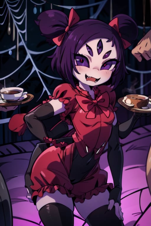 8k resolution, high resolution, masterpiece,  intricate details, highly detailed, HD quality, best quality, vibrant colors, 1girl,muffet,(muffetwear), monster girl,((purple body:1.3)),humanoid, arachnid, anthro,((fangs)),pigtails,hair bows,5 eyes,spider girl,6 arms,solo,clothed,6 hands,detailed hands,((spider webs:1.4)),bloomers,red and black clothing, armwear,  detailed eyes, super detailed, extremely beautiful graphics, super detailed skin, best quality, highest quality, high detail, masterpiece, detailed skin, perfect anatomy, perfect hands, perfect fingers, complex details, reflective hair, textured hair, best quality, super detailed, complex details, high resolution, looking at the viewer, rich colors, ,muffetwear,Shadbase ,JCM2,DAGASI,Oerlord,illya,In the style of gravityfalls,tensura