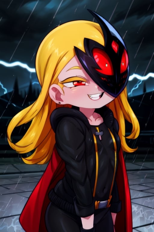 8k resolution, high resolution, masterpiece, long black scaly coat, open coat, yellow hair, white trickster mask,mocking smile painted on the mask,red smile, fanged smile,red eyes painted on the mask,squinted eyes, black gloves, black pants, arms thrown to the side, looking at the viewer, scarlet lightning in the background, rain, thunderstorm, the whole body in the frame, solo, detailed eyes, super detailed, extremely beautiful graphics, super detailed skin, best quality, highest quality, high detail, masterpiece, detailed skin, perfect anatomy, perfect hands, perfect fingers, complex details, reflective hair, textured hair, best quality, super detailed, complex details, high resolution, looking at the viewer, rich colors,Mrploxykun,JCM2,Artist,Captain kirb