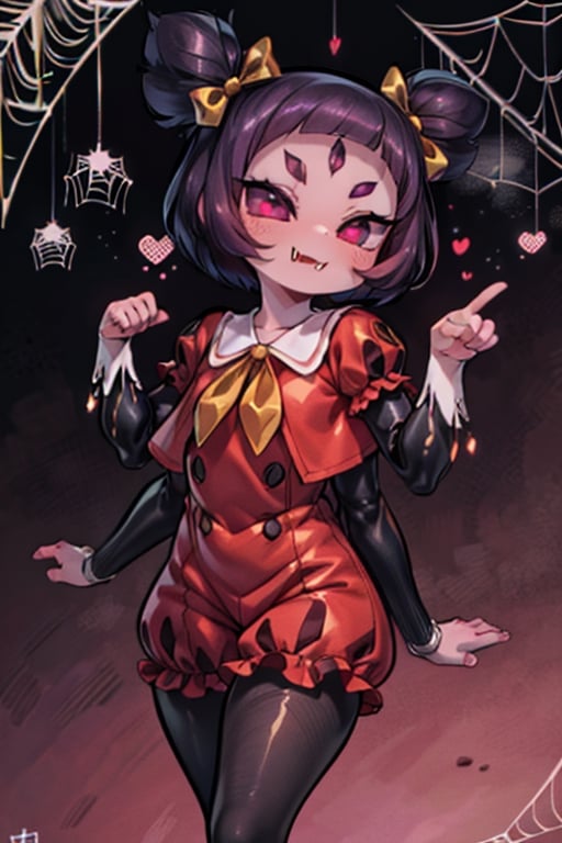 8k resolution, high resolution, masterpiece,  intricate details, highly detailed, HD quality, best quality, vibrant colors, 1girl,muffet,(muffetwear), monster girl,((purple body:1.3)),humanoid, arachnid, anthro,((fangs)),pigtails,hair bows,5 eyes,spider girl,6 arms,solo,clothed,6 hands,detailed hands,((spider webs:1.4)),bloomers,red and black clothing, armwear,  detailed eyes, super detailed, extremely beautiful graphics, super detailed skin, best quality, highest quality, high detail, masterpiece, detailed skin, perfect anatomy, perfect hands, perfect fingers, complex details, reflective hair, textured hair, best quality, super detailed, complex details, high resolution, looking at the viewer, rich colors, ,muffetwear,Shadbase ,JCM2,DAGASI,Oerlord,illya,In the style of gravityfalls,tensura,Mrploxykun,BORN-TO-DIE,Captain kirb