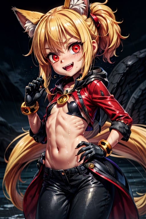 8k resolution, high resolution, masterpiece, intricate details, highly detailed, HD quality, solo, loli, short stature, little girls, only girls, dark background, rain, scarlet moon, crimson moon, moon, moon on the background, 

Red eyes.black sclera.vertical pupil.cat's pupil.glowing eyes.fangs.fox ears.a fox's tail behind his back.claws on the fingers.claw.black claws.small claws.blonde.yellow hair.long hair.straight hair.two ponytails.black scaly coat.black pants.an evil expression.grin.a joyful expression.fighting pose, 

focus on the whole body, the whole body in the frame, the body is completely in the frame, the body does not leave the frame, detailed hands, detailed fingers, perfect body, perfect anatomy, wet bodies, rich colors, vibrant colors, detailed eyes, super detailed, extremely beautiful graphics, super detailed skin, best quality, highest quality, high detail, masterpiece, detailed skin, perfect anatomy, perfect body, perfect hands, perfect fingers, complex details, reflective hair, textured hair, best quality,super detailed,complex details, high resolution,

,jcdDX_soul3142,JCM2,High detailed ,USA,Color magic,AmyRose,Mrploxykun,Sonic,perfecteyes,Artist,AGGA_ST011,AGGA_ST005,rizdraws,fairy_tail_style,Oerlord,illya,hornet,HarryDraws,jtveemo,ChronoTemp ,Star vs. the Forces of Evil ,arcane style,Landidzu,Captain kirb,Saturated colors,Color saturation ,DAGASI