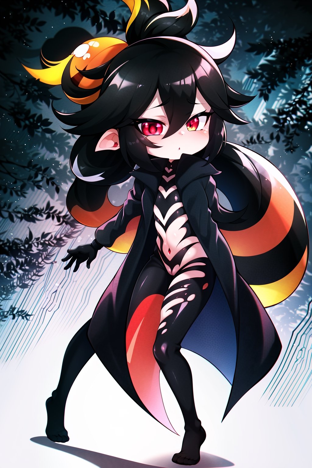 Loli, solo, Naruko Uzumaki, red eyes, eyes emitting scarlet light, black sclera, absolutely black eyeballs, three thin black vertical stripes on both cheeks, shadow on the face, the upper part of the face is hidden by shadow, long black scaly coat, open coat, yellow hair, two ponytails, squinted eyes, black gloves, black trousers, arms outstretched, scarlet lightning in the background, rain, thunderstorm, the whole body in the frame,

,BloodOrangeMix 