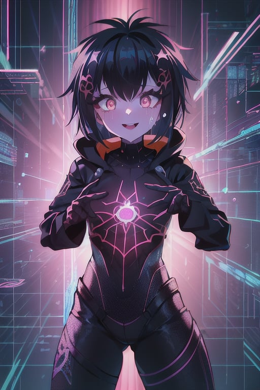 8k resolution, high resolution, masterpiece, intricate details, highly detailed, HD quality, solo, loli, short stature, little girls, only girls, dark background, rain, scarlet moon, crimson moon, moon, moon on the background, science fiction, science fiction city, red neon, blood red neon, burgundy red neon,

Peni Parker.red eyes.shining scarlet eyes.shining eyes.black hair.short haircut.slim build.teenage girl.Spiderman.Marvel.superhero.young woman.slim build.the red web.tight-fitting suit.black and red clothes.black spider print on the chest.black spider emblem.spider print.black print.hood.stretched hood.cheked smile.funny expression.fighting pose,

focus on the whole body, the whole body in the frame, the body is completely in the frame, the body does not leave the frame, detailed hands, detailed fingers, perfect body, perfect anatomy, wet bodies, rich colors, vibrant colors, detailed eyes, super detailed, extremely beautiful graphics, super detailed skin, best quality, highest quality, high detail, masterpiece, detailed skin, perfect anatomy, perfect body, perfect hands, perfect fingers, complex details, reflective hair, textured hair, best quality,super detailed,complex details, high resolution,

,AGGA_ST011,ChronoTemp ,illya,Star vs. the Forces of Evil ,Captain kirb,jtveemo,JCM2,Mrploxykun,Gerph ,Jago,Overlord,Artist,penini,C7b3rp0nkStyle,High detailed ,neon palette