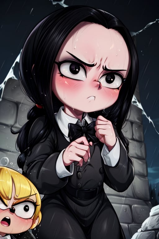 8k resolution, high resolution, masterpiece, intricate details, highly detailed, HD quality, solo, loli, black desert on the background, night, rain, red stars in the sky, scarlet moon, Wednesday Addams. black hair.black eyes.gray skin.gray wool.(Wednesday Addams dress).black jacket.white shirt.a cold expression.emotionless expression.dissatisfied expression, focus on the whole body, the whole body in the frame, small breasts, vds, looking at viewer, wet, rich colors, vibrant colors, detailed eyes, super detailed, extremely beautiful graphics, super detailed skin, best quality, highest quality, high detail, masterpiece, detailed skin, perfect anatomy, perfect body, perfect hands, perfect fingers, complex details, reflective hair, textured hair, best quality, super detailed, complex details, high resolution,  

,Shadbase ,Ankha,USA,Sonique ,Sonic,AmyRose,Blase,muffetwear,muffet,Alphys ,Gwendolyn_Tennyson,M3GEN/(Robot Girl/),Wednesday Addams  , Addams 