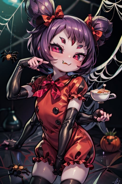 8k resolution, high resolution, masterpiece,  intricate details, highly detailed, HD quality, best quality, vibrant colors, 1girl,muffet,(muffetwear), monster girl,((purple body:1.3)),humanoid, arachnid, anthro,((fangs)),pigtails,hair bows,5 eyes,spider girl,6 arms,solo,clothed,6 hands,detailed hands,((spider webs:1.4)),bloomers,red and black clothing, armwear,  detailed eyes, super detailed, extremely beautiful graphics, super detailed skin, best quality, highest quality, high detail, masterpiece, detailed skin, perfect anatomy, perfect hands, perfect fingers, complex details, reflective hair, textured hair, best quality, super detailed, complex details, high resolution, looking at the viewer, rich colors, ,muffetwear,Shadbase ,JCM2,DAGASI,Oerlord,illya,In the style of gravityfalls,tensura,Mrploxykun,BORN-TO-DIE,Captain kirb