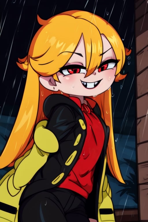 8k resolution, high resolution, masterpiece, long black scaly coat, open coat, yellow hair, white trickster mask,mocking smile painted on the mask,red smile, fanged smile,red eyes painted on the mask,squinted eyes, black gloves, black pants, arms thrown to the side, looking at the viewer, scarlet lightning in the background, rain, thunderstorm, the whole body in the frame, solo, detailed eyes, super detailed, extremely beautiful graphics, super detailed skin, best quality, highest quality, high detail, masterpiece, detailed skin, perfect anatomy, perfect hands, perfect fingers, complex details, reflective hair, textured hair, best quality, super detailed, complex details, high resolution, looking at the viewer, rich colors,Mrploxykun,JCM2,Artist,Captain kirb