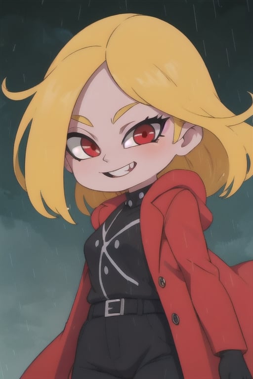 8k resolution, high resolution, masterpiece, long black scaly coat, open coat, yellow hair, white trickster mask,mocking smile painted on the mask,red smile, fanged smile,red eyes painted on the mask,squinted eyes, black gloves, black pants, arms thrown to the side, looking at the viewer, scarlet lightning in the background, rain, thunderstorm, the whole body in the frame, solo, detailed eyes, super detailed, extremely beautiful graphics, super detailed skin, best quality, highest quality, high detail, masterpiece, detailed skin, perfect anatomy, perfect hands, perfect fingers, complex details, reflective hair, textured hair, best quality, super detailed, complex details, high resolution, looking at the viewer, rich colors,Mrploxykun,JCM2