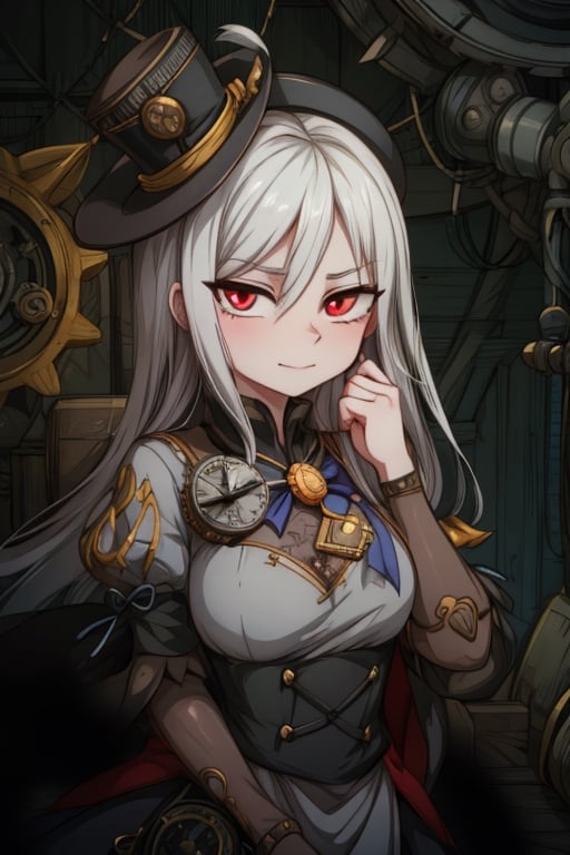 8k resolution, high resolution, masterpiece, intricate details, highly detailed, HD quality, solo, 1girl, loli, Steampunk dress, steampunk hat, top hat, black and gold clothing colors, gears in the background, dark background, white hair, long smooth hair, red eyes, pale skin, thin smile, thoughtful expression, thoughtful look, monocle on the right eye, looking at viewer, rich colors, vibrant colors, detailed eyes, super detailed, extremely beautiful graphics, super detailed skin, best quality, highest quality, high detail, masterpiece, detailed skin, perfect anatomy, perfect body, perfect hands, perfect fingers, complex details, reflective hair, textured hair, best quality, super detailed, complex details, high resolution,  

,A Traditional Japanese Art,Kakure Eria,ARTby Noise,Landidzu,HarryDraws,Shadbase ,Shadman,Glitching,Star vs. the Forces of Evil ,In the style of gravityfalls,Solo Levelling,I’ve Been Killing Slimes for 300 Years,kobayashi-san chi no maid dragon ,Oerlord,illya,tensura,the legend of korra,arcane style