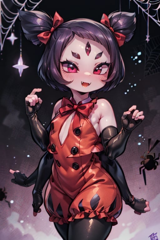 8k resolution, high resolution, masterpiece,  intricate details, highly detailed, HD quality, best quality, vibrant colors, 1girl,muffet,(muffetwear), monster girl,((purple body:1.3)),humanoid, arachnid, anthro,((fangs)),pigtails,hair bows,5 eyes,spider girl,6 arms,solo,clothed,6 hands,detailed hands,((spider webs:1.4)),bloomers,red and black clothing, armwear,  detailed eyes, super detailed, extremely beautiful graphics, super detailed skin, best quality, highest quality, high detail, masterpiece, detailed skin, perfect anatomy, perfect hands, perfect fingers, complex details, reflective hair, textured hair, best quality, super detailed, complex details, high resolution, looking at the viewer, rich colors, ,muffetwear,Shadbase ,JCM2,DAGASI,Oerlord,illya,In the style of gravityfalls,tensura,Mrploxykun,BORN-TO-DIE,Captain kirb