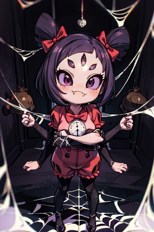 8k resolution, high resolution, masterpiece,  intricate details, highly detailed, HD quality, best quality, vibrant colors, 1girl,muffet,(muffetwear), monster girl,((purple body:1.3)),humanoid, arachnid, anthro,((fangs)),pigtails,hair bows,5 eyes,spider girl,6 arms,solo,clothed,6 hands,detailed hands,((spider webs:1.4)),bloomers,red and black clothing, armwear,  detailed eyes, super detailed, extremely beautiful graphics, super detailed skin, best quality, highest quality, high detail, masterpiece, detailed skin, perfect anatomy, perfect hands, perfect fingers, complex details, reflective hair, textured hair, best quality, super detailed, complex details, high resolution, looking at the viewer, rich colors, ,muffetwear,Shadbase ,JCM2,DAGASI,Oerlord,illya,In the style of gravityfalls,tensura,Mrploxykun,BORN-TO-DIE,Captain kirb,ChronoTemp ,spy x family style