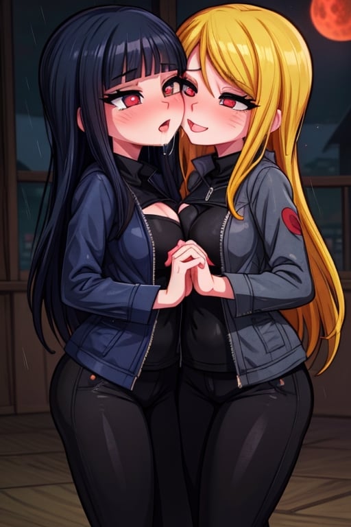 8k resolution, high resolution, masterpiece, intricate details, highly detailed, HD quality, solo, loli, dark background, black desert, scarlet moon,red moon, moon, rain,  2_girls, girls kissing, Naruko uzumaki.red eyes.(Naruko uzumaki has red eyes).blonde.yellow hair.Naruko uzumaki's clothes.black coat.black pants.a gentle expression.a satisfied expression.a playful expression.(Naruko towers over her partner), Hinata Hyuga.dark blue hair.pale lilac eyes.no pupils.Hinata Hugo's clothes.shinobi clothes.grey jacket.black pants.an embarrassed expression.happy recovery.joyful expression, kiss, two girls kissing, naruko and wednesday kissing, spittle, lesbian kiss, yuri, detailed kiss, kiss with tongues, detailed languages, focus on the whole body, the whole body in the frame, small breasts, rich colors, vibrant colors, detailed eyes, super detailed, extremely beautiful graphics, super detailed skin, best quality, highest quality, high detail, masterpiece, detailed skin, perfect anatomy, perfect body, perfect hands, perfect fingers, complex details, reflective hair, textured hair, best quality,super detailed,complex details, high resolution,

,jtveemo,himenoa,Star vs. the Forces of Evil ,Naruto,Landidzu