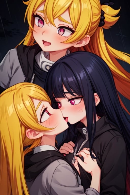 8k resolution, high resolution, masterpiece, intricate details, highly detailed, HD quality, solo, loli, dark background, black desert, scarlet moon,red moon, moon, rain,  2_girls, girls kissing, Naruko uzumaki.red eyes.(Naruko uzumaki has red eyes).blonde.yellow hair.Naruko uzumaki's clothes.black coat.black pants.a gentle expression.a satisfied expression.a playful expression.(Naruko towers over her partner), Hinata Hyuga.dark blue hair.pale lilac eyes.no pupils.Hinata Hugo's clothes.shinobi clothes.grey jacket.black pants.an embarrassed expression.happy recovery.joyful expression, kiss, two girls kissing, naruko and wednesday kissing, spittle, lesbian kiss, yuri, detailed kiss, kiss with tongues, detailed languages, focus on the whole body, the whole body in the frame, small breasts, rich colors, vibrant colors, detailed eyes, super detailed, extremely beautiful graphics, super detailed skin, best quality, highest quality, high detail, masterpiece, detailed skin, perfect anatomy, perfect body, perfect hands, perfect fingers, complex details, reflective hair, textured hair, best quality,super detailed,complex details, high resolution,

,jtveemo,himenoa,Star vs. the Forces of Evil ,Naruto