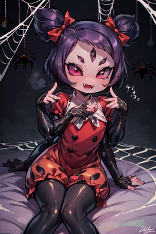 8k resolution, high resolution, masterpiece,  intricate details, highly detailed, HD quality, best quality, vibrant colors, 1girl,muffet,(muffetwear), monster girl,((purple body:1.3)),humanoid, arachnid, anthro,((fangs)),pigtails,hair bows,5 eyes,spider girl,6 arms,solo,clothed,6 hands,detailed hands,((spider webs:1.4)),bloomers,red and black clothing, armwear,  detailed eyes, super detailed, extremely beautiful graphics, super detailed skin, best quality, highest quality, high detail, masterpiece, detailed skin, perfect anatomy, perfect hands, perfect fingers, complex details, reflective hair, textured hair, best quality, super detailed, complex details, high resolution, looking at the viewer, rich colors, ,muffetwear,Shadbase ,JCM2,DAGASI,Oerlord,illya,In the style of gravityfalls,tensura,Mrploxykun,BORN-TO-DIE,Captain kirb