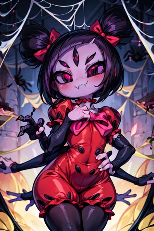 8k resolution, high resolution, masterpiece,  intricate details, highly detailed, HD quality, best quality, vibrant colors, 1girl,muffet,(muffetwear), monster girl,((purple body:1.3)),humanoid, arachnid, anthro,((fangs)),pigtails,hair bows,5 eyes,spider girl,6 arms,solo,clothed,6 hands,detailed hands,((spider webs:1.4)),bloomers,red and black clothing, armwear,  detailed eyes, super detailed, extremely beautiful graphics, super detailed skin, best quality, highest quality, high detail, masterpiece, detailed skin, perfect anatomy, perfect hands, perfect fingers, complex details, reflective hair, textured hair, best quality, super detailed, complex details, high resolution, looking at the viewer, rich colors, ,muffetwear,Shadbase ,JCM2,DAGASI,Oerlord,illya,In the style of gravityfalls,tensura,Mrploxykun,BORN-TO-DIE,Captain kirb,ChronoTemp ,spy x family style