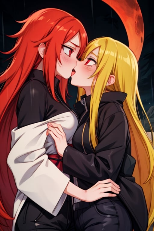 8k resolution, high resolution, masterpiece, intricate details, highly detailed, HD quality, solo, loli, dark background, black desert, scarlet moon,red moon, moon, rain,  2_girls, girls kissing, Naruko uzumaki.red eyes.(Naruko uzumaki has red eyes).blonde.yellow hair.Naruko uzumaki's clothes.black coat.black pants.a gentle expression.a satisfied expression.a playful expression.(Naruko towers over her partner), Karin Uzumaki.scarlet hair.red eyes.Karin Uzumaki's clothes.shinobi clothes.grey T-shirt with cutouts on the sides.black shorts.thoughtful expression.happy recovery.joyful expression, kiss, two girls kissing, naruko and wednesday kissing, spittle, lesbian kiss, yuri, detailed kiss, kiss with tongues, detailed languages, focus on the whole body, the whole body in the frame, small breasts, rich colors, vibrant colors, detailed eyes, super detailed, extremely beautiful graphics, super detailed skin, best quality, highest quality, high detail, masterpiece, detailed skin, perfect anatomy, perfect body, perfect hands, perfect fingers, complex details, reflective hair, textured hair, best quality,super detailed,complex details, high resolution,

,jtveemo,himenoa,Star vs. the Forces of Evil ,Naruto,Landidzu,arcane style,Oerlord,DAGASI,Karin