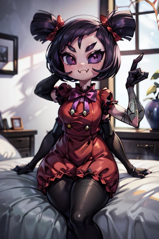 8k resolution, high resolution, masterpiece,  intricate details, highly detailed, HD quality, best quality, vibrant colors, 1girl,muffet,(muffetwear), monster girl,((purple body:1.3)),humanoid, arachnid, anthro,((fangs)),pigtails,hair bows,5 eyes,spider girl,6 arms,solo,clothed,6 hands,detailed hands,((spider webs:1.4)),bloomers,red and black clothing, armwear,  detailed eyes, super detailed, extremely beautiful graphics, super detailed skin, best quality, highest quality, high detail, masterpiece, detailed skin, perfect anatomy, perfect hands, perfect fingers, complex details, reflective hair, textured hair, best quality, super detailed, complex details, high resolution, looking at the viewer, rich colors, ,muffetwear,Shadbase ,JCM2,DAGASI,Oerlord,illya,In the style of gravityfalls,tensura,Mrploxykun,BORN-TO-DIE,Captain kirb,ChronoTemp ,spy x family style