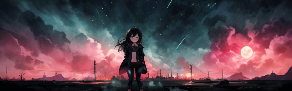 8k resolution, high resolution, masterpiece, intricate details, highly detailed, HD quality, solo, loli, black desert on the background, night, rain, red stars in the sky, scarlet moon, red stars, scarlet cosmos, snowy wasteland, black snow, scarlet lightning, apocalypse, the girl in the share, loli, black hair.long hair.red eyes.glowing eyes.black coat.black pants.a cheeky smile.a cheeky expression.happy expression,

Focus on the whole body, the whole body in the frame, the body is completely in the frame, the body does not leave the frame, detailed hands, detailed fingers, perfect body, perfect anatomy, wet bodies, rich colors, vibrant colors, detailed eyes, super detailed, extremely beautiful graphics, super detailed skin, best quality, highest quality, high detail, masterpiece, detailed skin, perfect anatomy, perfect body, perfect hands, perfect fingers, complex details, reflective hair, textured hair, best quality,super detailed,complex details, high resolution,USA,JCM2,Captain kirb,jtveemo,ChronoTemp ,EpicArt,Mrploxykun