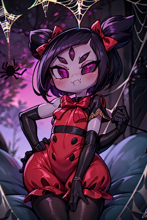 8k resolution, high resolution, masterpiece,  intricate details, highly detailed, HD quality, best quality, vibrant colors, 1girl,muffet,(muffetwear), monster girl,((purple body:1.3)),humanoid, arachnid, anthro,((fangs)),pigtails,hair bows,5 eyes,spider girl,6 arms,solo,clothed,6 hands,detailed hands,((spider webs:1.4)),bloomers,red and black clothing, armwear,  detailed eyes, super detailed, extremely beautiful graphics, super detailed skin, best quality, highest quality, high detail, masterpiece, detailed skin, perfect anatomy, perfect hands, perfect fingers, complex details, reflective hair, textured hair, best quality, super detailed, complex details, high resolution, looking at the viewer, rich colors, ,muffetwear,Shadbase ,JCM2,DAGASI,Oerlord,illya,In the style of gravityfalls,tensura,Mrploxykun,BORN-TO-DIE,Captain kirb,ChronoTemp ,spy x family style