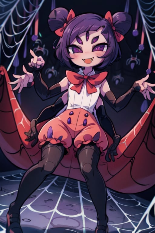 8k resolution, high resolution, masterpiece,  intricate details, highly detailed, HD quality, best quality, vibrant colors, 1girl,muffet,(muffetwear), monster girl,((purple body:1.3)),humanoid, arachnid, anthro,((fangs)),pigtails,hair bows,5 eyes,spider girl,6 arms,solo,clothed,6 hands,detailed hands,((spider webs:1.4)),bloomers,red and black clothing, armwear,  detailed eyes, super detailed, extremely beautiful graphics, super detailed skin, best quality, highest quality, high detail, masterpiece, detailed skin, perfect anatomy, perfect hands, perfect fingers, complex details, reflective hair, textured hair, best quality, super detailed, complex details, high resolution, looking at the viewer, rich colors, ,muffetwear