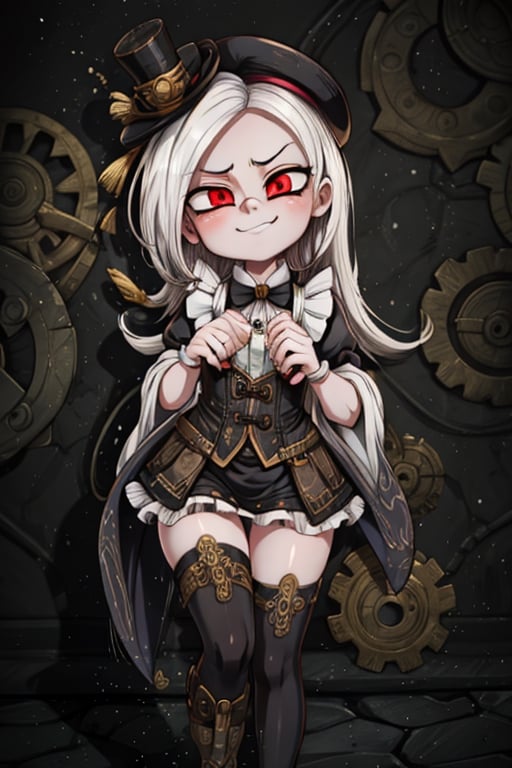 8k resolution, high resolution, masterpiece, intricate details, highly detailed, HD quality, solo, 1girl, loli, Steampunk dress, steampunk hat, top hat, black and gold clothing colors, gears in the background, dark background, white hair, long smooth hair, red eyes, pale skin, thin smile, thoughtful expression, thoughtful look, monocle on the right eye, looking at viewer, rich colors, vibrant colors, detailed eyes, super detailed, extremely beautiful graphics, super detailed skin, best quality, highest quality, high detail, masterpiece, detailed skin, perfect anatomy, perfect body, perfect hands, perfect fingers, complex details, reflective hair, textured hair, best quality, super detailed, complex details, high resolution,  

,A Traditional Japanese Art,Kakure Eria,ARTby Noise,Landidzu,HarryDraws,Shadbase ,Shadman,Glitching,Star vs. the Forces of Evil ,In the style of gravityfalls,Solo Levelling,I’ve Been Killing Slimes for 300 Years,kobayashi-san chi no maid dragon ,Oerlord,illya,tensura,the legend of korra,arcane style,wzrokudostyle,USA