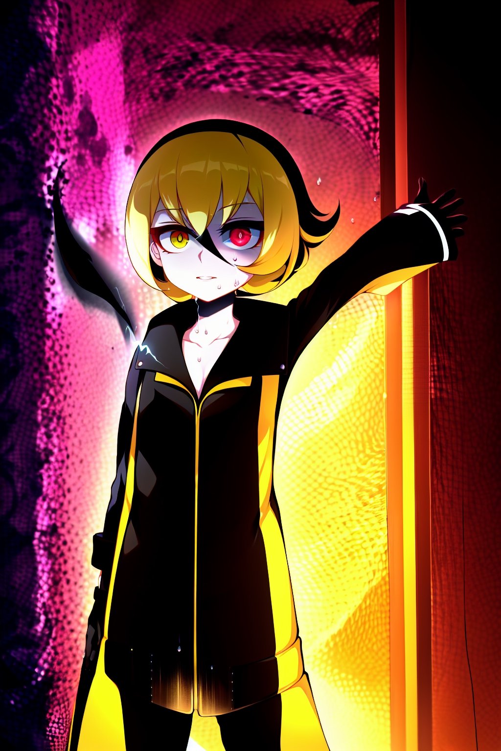 Loli, solo, Naruko Uzumaki, red eyes, eyes emitting scarlet light, black sclera, absolutely black eyeballs, three thin black vertical stripes on both cheeks, shadow on the face, the upper part of the face is hidden by shadow, long black scaly coat, open coat, yellow hair, two ponytails, squinted eyes, black gloves, black trousers, arms outstretched, scarlet lightning in the background, rain, thunderstorm, the whole body in the frame,

,BloodOrangeMix ,SHADBASE,Mrploxykun,ChronoTemp ,Captain kirb