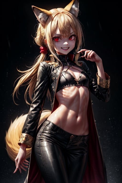 8k resolution, high resolution, masterpiece, intricate details, highly detailed, HD quality, solo, loli, short stature, little girls, only girls, dark background, rain, scarlet moon, crimson moon, moon, moon on the background, 

Red eyes.black sclera.vertical pupil.cat's pupil.glowing eyes.fangs.fox ears.a fox's tail behind his back.claws on the fingers.claw.black claws.small claws.blonde.yellow hair.long hair.straight hair.two ponytails.black scaly coat.black pants.an evil expression.grin.a joyful expression.fighting pose, 

focus on the whole body, the whole body in the frame, the body is completely in the frame, the body does not leave the frame, detailed hands, detailed fingers, perfect body, perfect anatomy, wet bodies, rich colors, vibrant colors, detailed eyes, super detailed, extremely beautiful graphics, super detailed skin, best quality, highest quality, high detail, masterpiece, detailed skin, perfect anatomy, perfect body, perfect hands, perfect fingers, complex details, reflective hair, textured hair, best quality,super detailed,complex details, high resolution,

,jcdDX_soul3142,JCM2,High detailed ,USA,Color magic,AmyRose,Mrploxykun,Sonic,perfecteyes,Artist,AGGA_ST011,AGGA_ST005,rizdraws,fairy_tail_style,Oerlord,illya,hornet,HarryDraws,jtveemo,ChronoTemp ,Star vs. the Forces of Evil ,arcane style,Landidzu,Captain kirb,Saturated colors,Color saturation ,DAGASI