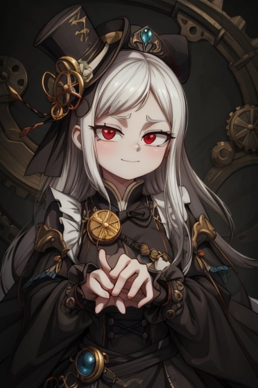 8k resolution, high resolution, masterpiece, intricate details, highly detailed, HD quality, solo, 1girl, loli, Steampunk dress, steampunk hat, top hat, black and gold clothing colors, gears in the background, dark background, white hair, long smooth hair, red eyes, pale skin, thin smile, thoughtful expression, thoughtful look, monocle on the right eye, looking at viewer, rich colors, vibrant colors, detailed eyes, super detailed, extremely beautiful graphics, super detailed skin, best quality, highest quality, high detail, masterpiece, detailed skin, perfect anatomy, perfect body, perfect hands, perfect fingers, complex details, reflective hair, textured hair, best quality, super detailed, complex details, high resolution,  

,A Traditional Japanese Art,Kakure Eria,ARTby Noise,Landidzu,HarryDraws,Shadbase ,Shadman,Glitching,Star vs. the Forces of Evil ,In the style of gravityfalls,Solo Levelling,I’ve Been Killing Slimes for 300 Years,kobayashi-san chi no maid dragon ,Oerlord,illya,tensura,the legend of korra,arcane style,wzrokudostyle