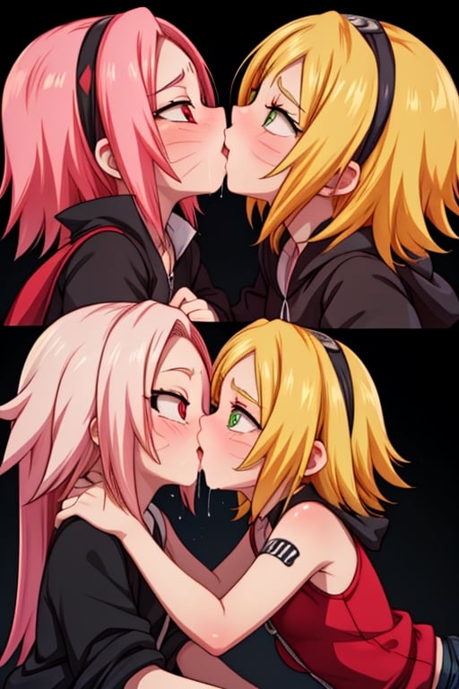 8k resolution, high resolution, masterpiece, intricate details, highly detailed, HD quality, solo, loli, dark background, black desert, scarlet moon,red moon, moon, rain,  2_girls, girls kissing, Naruko uzumaki.red eyes.(Naruko uzumaki has red eyes).blonde.yellow hair.Naruko uzumaki's clothes.black coat.black pants.a gentle expression.a satisfied expression.a playful expression.(Naruko towers over her partner), Sakura Haruno.green eyes.(Sakura Haruno has green eyes).pink hair.short hair.(Haruno Sakura's clothes.red dress with cutouts on the sides.black tight shorts.an embarrassed expression.a happy expression.amorous expression, kiss, two girls kissing, naruko and wednesday kissing, spittle, lesbian kiss, yuri, detailed kiss, kiss with tongues, detailed languages, focus on the whole body, the whole body in the frame, small breasts, rich colors, vibrant colors, detailed eyes, super detailed, extremely beautiful graphics, super detailed skin, best quality, highest quality, high detail, masterpiece, detailed skin, perfect anatomy, perfect body, perfect hands, perfect fingers, complex details, reflective hair, textured hair, best quality,super detailed,complex details, high resolution,

Shadbase,Ankha,USA,Sonique,Sonic,Naruto,Wednesday Addams  ,kiss,JCM2,Naruko,Shadbase ,Mrploxykun, Addams ,Artist,haruno sakura