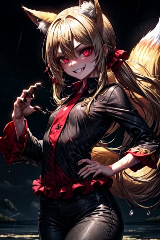 8k resolution, high resolution, masterpiece, intricate details, highly detailed, HD quality, solo, loli, short stature, little girls, only girls, dark background, rain, scarlet moon, crimson moon, moon, moon on the background, 

Red eyes.black sclera.vertical pupil.cat's pupil.glowing eyes.fangs.fox ears.a fox's tail behind his back.claws on the fingers.claw.black claws.small claws.blonde.yellow hair.long hair.straight hair.two ponytails.black scaly coat.black pants.an evil expression.grin.a joyful expression.fighting pose, 

focus on the whole body, the whole body in the frame, the body is completely in the frame, the body does not leave the frame, detailed hands, detailed fingers, perfect body, perfect anatomy, wet bodies, rich colors, vibrant colors, detailed eyes, super detailed, extremely beautiful graphics, super detailed skin, best quality, highest quality, high detail, masterpiece, detailed skin, perfect anatomy, perfect body, perfect hands, perfect fingers, complex details, reflective hair, textured hair, best quality,super detailed,complex details, high resolution,

,jcdDX_soul3142,JCM2,High detailed ,USA,Color magic,AmyRose,Mrploxykun,Sonic,perfecteyes,Artist,AGGA_ST011,AGGA_ST005,rizdraws,fairy_tail_style,Oerlord,illya,hornet,HarryDraws,jtveemo,ChronoTemp ,Star vs. the Forces of Evil ,arcane style,Landidzu,Captain kirb,Saturated colors,Color saturation ,DAGASI