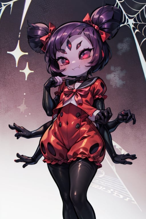 8k resolution, high resolution, masterpiece,  intricate details, highly detailed, HD quality, best quality, vibrant colors, 1girl,muffet,(muffetwear), monster girl,((purple body:1.3)),humanoid, arachnid, anthro,((fangs)),pigtails,hair bows,5 eyes,spider girl,6 arms,solo,clothed,6 hands,detailed hands,((spider webs:1.4)),bloomers,red and black clothing, armwear,  detailed eyes, super detailed, extremely beautiful graphics, super detailed skin, best quality, highest quality, high detail, masterpiece, detailed skin, perfect anatomy, perfect hands, perfect fingers, complex details, reflective hair, textured hair, best quality, super detailed, complex details, high resolution, looking at the viewer, rich colors, ,muffetwear,Shadbase ,JCM2,DAGASI,Oerlord,illya,In the style of gravityfalls,tensura,Mrploxykun,BORN-TO-DIE,Captain kirb