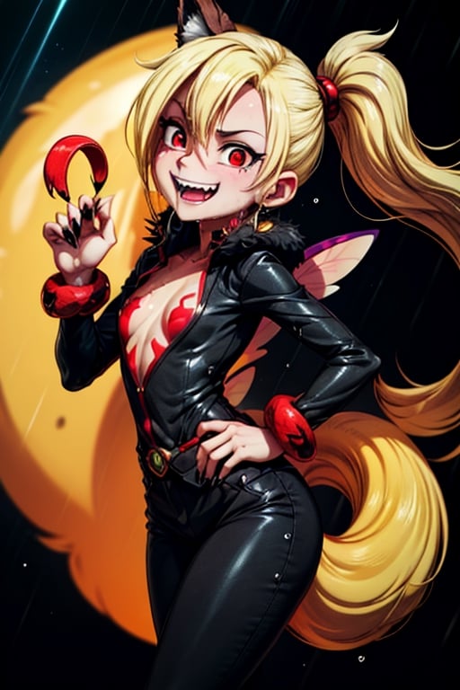 8k resolution, high resolution, masterpiece, intricate details, highly detailed, HD quality, solo, loli, short stature, little girls, only girls, dark background, rain, scarlet moon, crimson moon, moon, moon on the background, 

Red eyes.black sclera.vertical pupil.cat's pupil.glowing eyes.fangs.fox ears.a fox's tail behind his back.claws on the fingers.claw.black claws.small claws.blonde.yellow hair.long hair.straight hair.two ponytails.black scaly coat.black pants.an evil expression.grin.a joyful expression.fighting pose, 

focus on the whole body, the whole body in the frame, the body is completely in the frame, the body does not leave the frame, detailed hands, detailed fingers, perfect body, perfect anatomy, wet bodies, rich colors, vibrant colors, detailed eyes, super detailed, extremely beautiful graphics, super detailed skin, best quality, highest quality, high detail, masterpiece, detailed skin, perfect anatomy, perfect body, perfect hands, perfect fingers, complex details, reflective hair, textured hair, best quality,super detailed,complex details, high resolution,

,jcdDX_soul3142,JCM2,High detailed ,USA,Color magic,AmyRose,Mrploxykun,Sonic,perfecteyes,Artist,AGGA_ST011,AGGA_ST005,rizdraws,fairy_tail_style,Oerlord,illya,hornet,HarryDraws,jtveemo,ChronoTemp ,Star vs. the Forces of Evil ,arcane style,Landidzu,Captain kirb,Saturated colors,Color saturation ,DAGASI