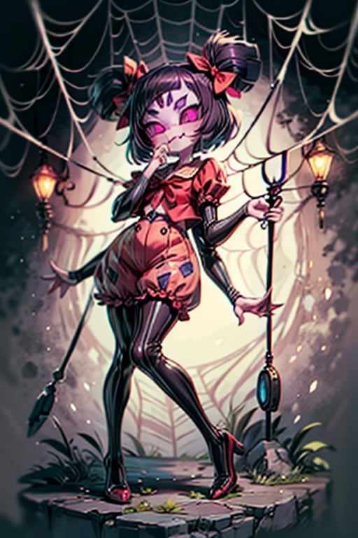 8k resolution, high resolution, masterpiece,  intricate details, highly detailed, HD quality, best quality, vibrant colors, 1girl,muffet,(muffetwear), monster girl,((purple body:1.3)),humanoid, arachnid, anthro,((fangs)),pigtails,hair bows,5 eyes,spider girl,6 arms,solo,clothed,6 hands,detailed hands,((spider webs:1.4)),bloomers,red and black clothing, armwear,  detailed eyes, super detailed, extremely beautiful graphics, super detailed skin, best quality, highest quality, high detail, masterpiece, detailed skin, perfect anatomy, perfect hands, perfect fingers, complex details, reflective hair, textured hair, best quality, super detailed, complex details, high resolution, looking at the viewer, rich colors, ,muffetwear,Shadbase ,JCM2,DAGASI,Oerlord,illya,In the style of gravityfalls,tensura,Mrploxykun,BORN-TO-DIE,Captain kirb