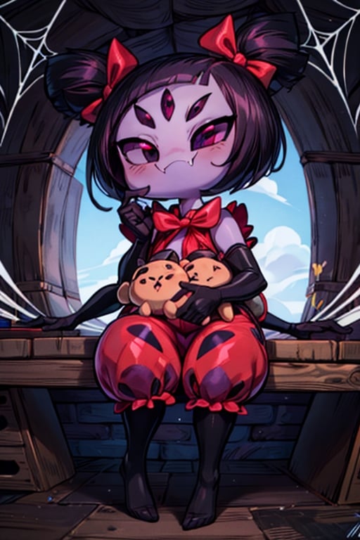 8k resolution, high resolution, masterpiece,  intricate details, highly detailed, HD quality, best quality, vibrant colors, 1girl,muffet,(muffetwear), monster girl,((purple body:1.3)),humanoid, arachnid, anthro,((fangs)),pigtails,hair bows,5 eyes,spider girl,6 arms,solo,clothed,6 hands,detailed hands,((spider webs:1.4)),bloomers,red and black clothing, armwear,  detailed eyes, super detailed, extremely beautiful graphics, super detailed skin, best quality, highest quality, high detail, masterpiece, detailed skin, perfect anatomy, perfect hands, perfect fingers, complex details, reflective hair, textured hair, best quality, super detailed, complex details, high resolution, looking at the viewer, rich colors, ,muffetwear,Shadbase ,JCM2,DAGASI,Oerlord,illya,In the style of gravityfalls,tensura,Mrploxykun,BORN-TO-DIE,Captain kirb,ChronoTemp ,spy x family style