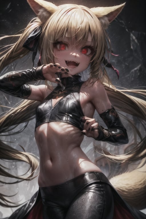 8k resolution, high resolution, masterpiece, intricate details, highly detailed, HD quality, solo, loli, short stature, little girls, only girls, dark background, rain, scarlet moon, crimson moon, moon, moon on the background, 

Red eyes.black sclera.vertical pupil.cat's pupil.glowing eyes.fangs.fox ears.a fox's tail behind his back.claws on the fingers.claw.black claws.small claws.blonde.yellow hair.long hair.straight hair.two ponytails.black scaly coat.black pants.an evil expression.grin.a joyful expression.fighting pose, 

focus on the whole body, the whole body in the frame, the body is completely in the frame, the body does not leave the frame, detailed hands, detailed fingers, perfect body, perfect anatomy, wet bodies, rich colors, vibrant colors, detailed eyes, super detailed, extremely beautiful graphics, super detailed skin, best quality, highest quality, high detail, masterpiece, detailed skin, perfect anatomy, perfect body, perfect hands, perfect fingers, complex details, reflective hair, textured hair, best quality,super detailed,complex details, high resolution,

,jcdDX_soul3142,JCM2,High detailed ,USA,Color magic,AmyRose,Mrploxykun,Sonic,perfecteyes,Artist,AGGA_ST011,AGGA_ST005,rizdraws,fairy_tail_style,Oerlord,illya,hornet,HarryDraws,jtveemo,ChronoTemp ,Star vs. the Forces of Evil ,arcane style,Landidzu,Captain kirb,Saturated colors,Color saturation ,DAGASI