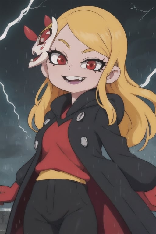 8k resolution, high resolution, masterpiece, long black scaly coat, open coat, yellow hair, white trickster mask,mocking smile painted on the mask,red smile, fanged smile,red eyes painted on the mask,squinted eyes, black gloves, black pants, arms thrown to the side, looking at the viewer, scarlet lightning in the background, rain, thunderstorm, the whole body in the frame, solo, detailed eyes, super detailed, extremely beautiful graphics, super detailed skin, best quality, highest quality, high detail, masterpiece, detailed skin, perfect anatomy, perfect hands, perfect fingers, complex details, reflective hair, textured hair, best quality, super detailed, complex details, high resolution, looking at the viewer, rich colors,Mrploxykun,JCM2