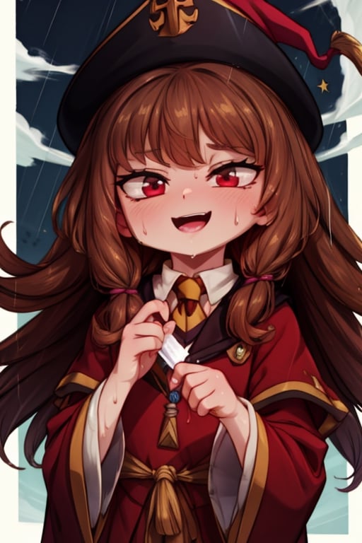 8k resolution, high resolution, masterpiece, intricate details, highly detailed, HD quality, solo, loli, black desert on the background, night, rain, red stars in the sky, scarlet moon, Hermione Granger. Red eyes.brown hair.(Hermione Granger's clothes). the wizard's red robe.a crazy smile.funny expression.a satisfied expression.expression of ecstasy, focus on the whole body, the whole body in the frame, small breasts, vds, looking at viewer, wet, rich colors, vibrant colors, detailed eyes, super detailed, extremely beautiful graphics, super detailed skin, best quality, highest quality, high detail, masterpiece, detailed skin, perfect anatomy, perfect body, perfect hands, perfect fingers, complex details, reflective hair, textured hair, best quality, super detailed, complex details, high resolution,  

,Mrploxykun,Shadbase ,USA,Kanna Kamui ,Hat Kid,Hermione Granger,Captain kirb,JCM2