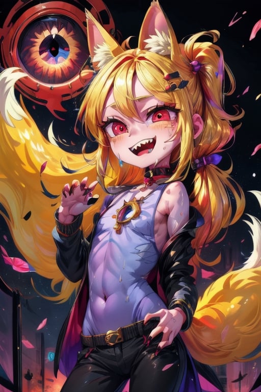 8k resolution, high resolution, masterpiece, intricate details, highly detailed, HD quality, solo, loli, short stature, little girls, only girls, dark background, rain, scarlet moon, crimson moon, moon, moon on the background, 

Red eyes.black sclera.vertical pupil.cat's pupil.glowing eyes.fangs.fox ears.a fox's tail behind his back.claws on the fingers.claw.black claws.small claws.blonde.yellow hair.long hair.straight hair.two ponytails.black scaly coat.black pants.an evil expression.grin.a joyful expression.fighting pose, 

focus on the whole body, the whole body in the frame, the body is completely in the frame, the body does not leave the frame, detailed hands, detailed fingers, perfect body, perfect anatomy, wet bodies, rich colors, vibrant colors, detailed eyes, super detailed, extremely beautiful graphics, super detailed skin, best quality, highest quality, high detail, masterpiece, detailed skin, perfect anatomy, perfect body, perfect hands, perfect fingers, complex details, reflective hair, textured hair, best quality,super detailed,complex details, high resolution,

,jcdDX_soul3142,JCM2,High detailed ,USA,Color magic,AmyRose,Mrploxykun,Sonic,perfecteyes,Artist,AGGA_ST011,AGGA_ST005,rizdraws,fairy_tail_style,Oerlord,illya,hornet,HarryDraws,jtveemo,ChronoTemp ,Star vs. the Forces of Evil ,arcane style,Landidzu,Captain kirb,Saturated colors,Color saturation 