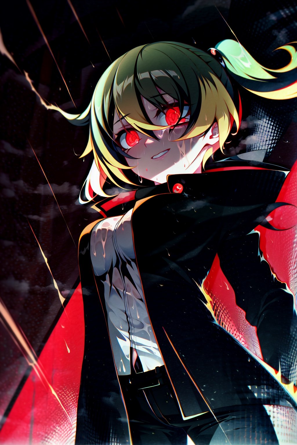 Loli, solo, Naruko Uzumaki, red eyes, eyes emitting scarlet light, black sclera, absolutely black eyeballs, three thin black vertical stripes on both cheeks, shadow on the face, the upper part of the face is hidden by shadow, long black scaly coat, open coat, yellow hair, two ponytails, squinted eyes, black gloves, black trousers, arms outstretched, scarlet lightning in the background, rain, thunderstorm, the whole body in the frame,